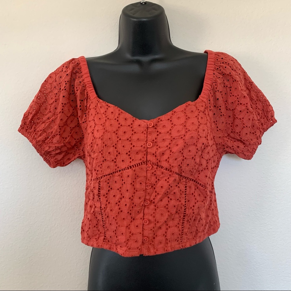 Lucky Brand Red Eyelet Button Front Peasant Puff Sleeve Shirt Tandori Spice - Picture 5 of 12